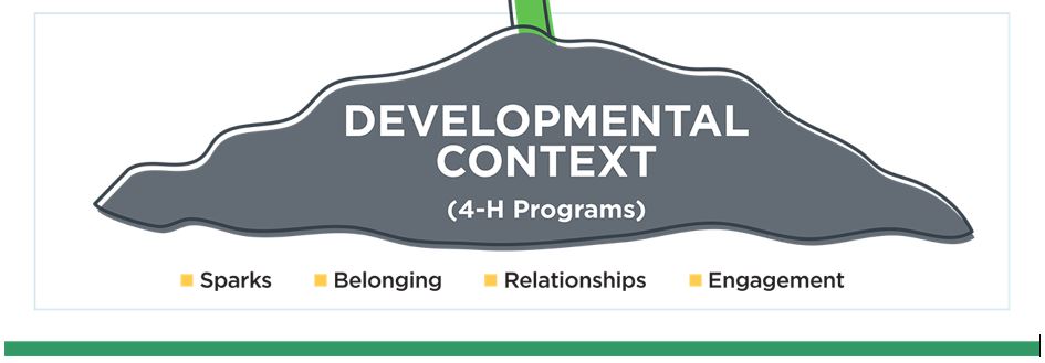 Developmental Context (4-H programs) involve Sparks, Belonging, Relationships, and Engagement.