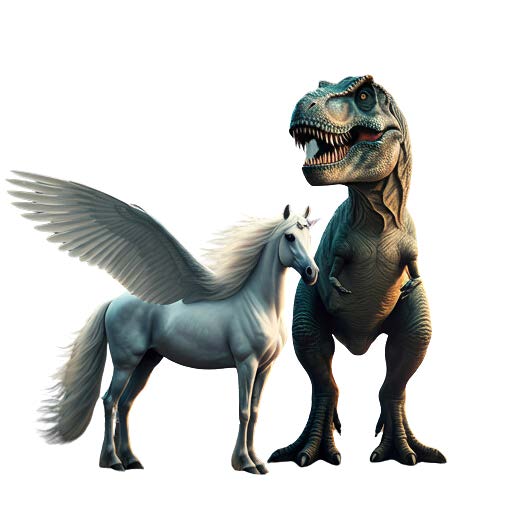 A unicorn with wings standing next to a Tyrannosaurus Rex