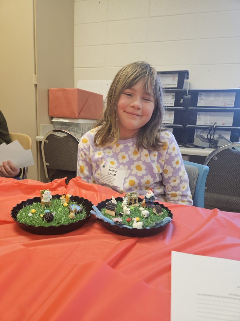 A smiling youth sits behind two fairy houses